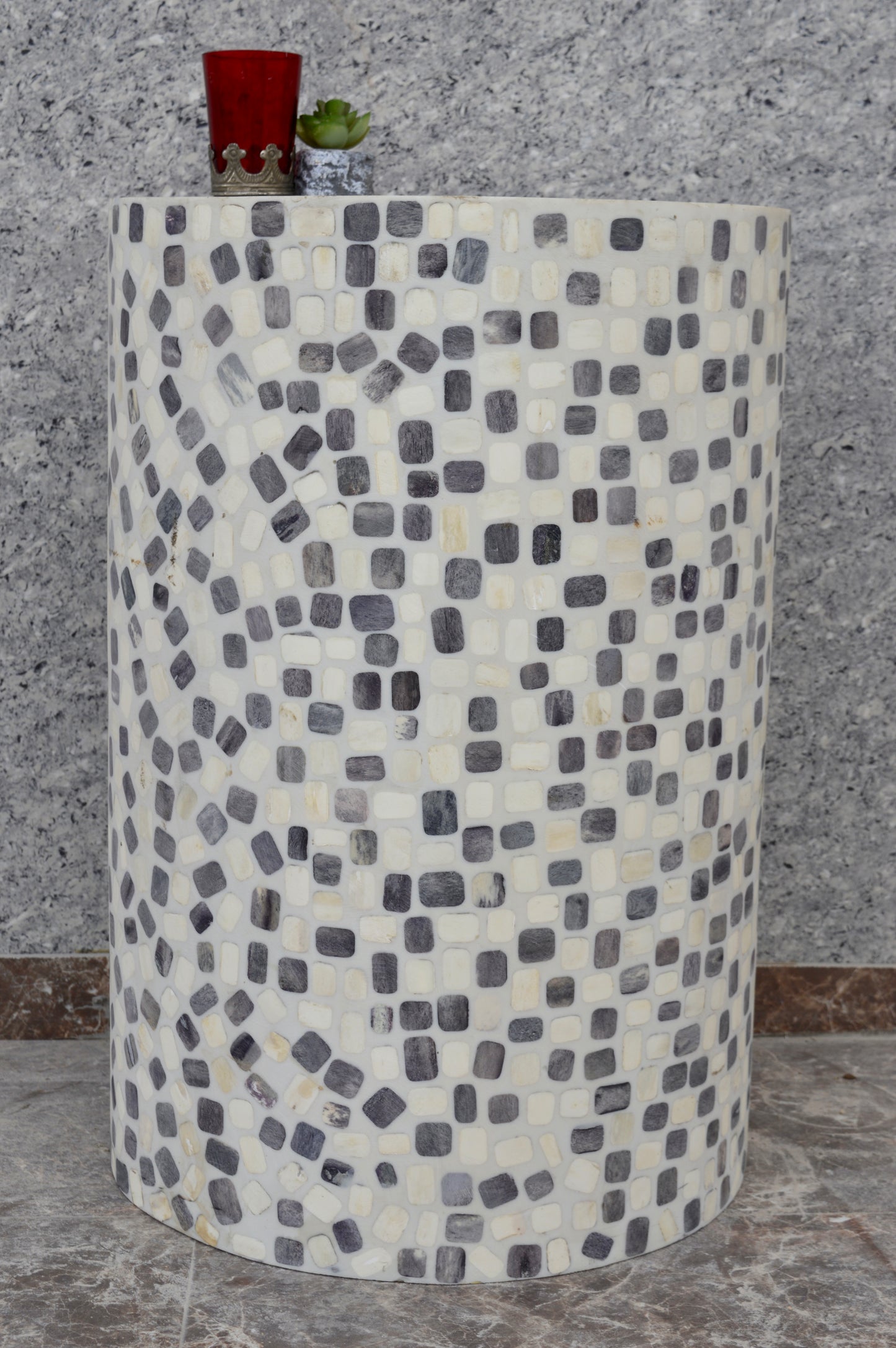 Handcrafted Bone Inlay Side Table with Mosaic Square Pattern – Modern Accent Stool for Living Room & Bedroom Décor