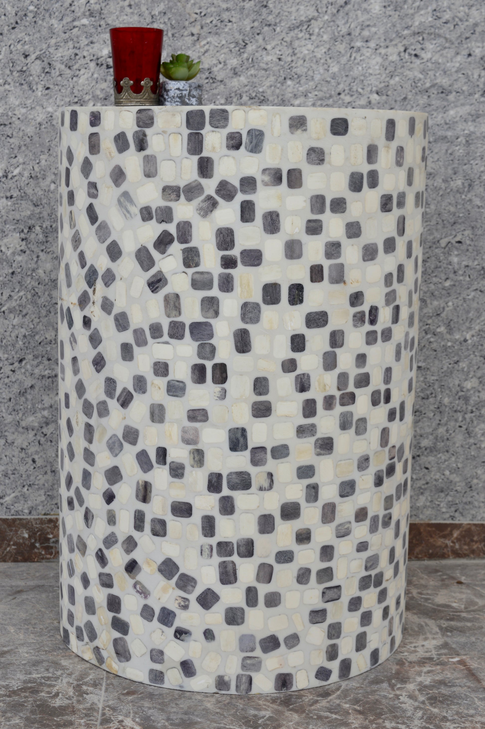 Handcrafted Bone Inlay Side Table with Mosaic Square Pattern – Modern Accent Stool for Living Room & Bedroom Décor