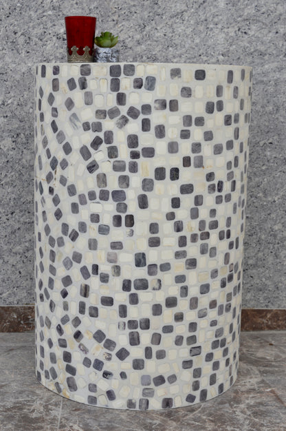 Handcrafted Bone Inlay Side Table with Mosaic Square Pattern – Modern Accent Stool for Living Room & Bedroom Décor