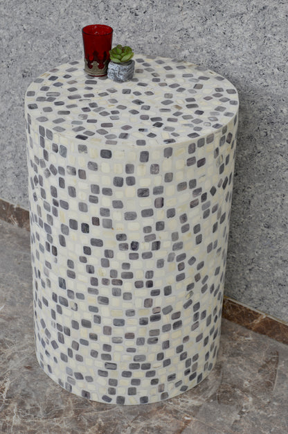 Handcrafted Bone Inlay Side Table with Mosaic Square Pattern – Modern Accent Stool for Living Room & Bedroom Décor