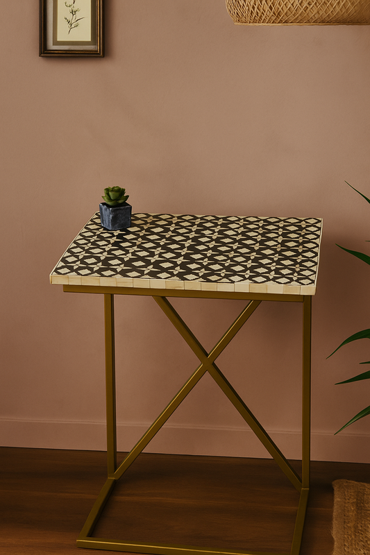 Handcrafted Brown Bone Inlay Side Table with Gold Cross Base – Elegant Accent Table for Living Room & Bedroom