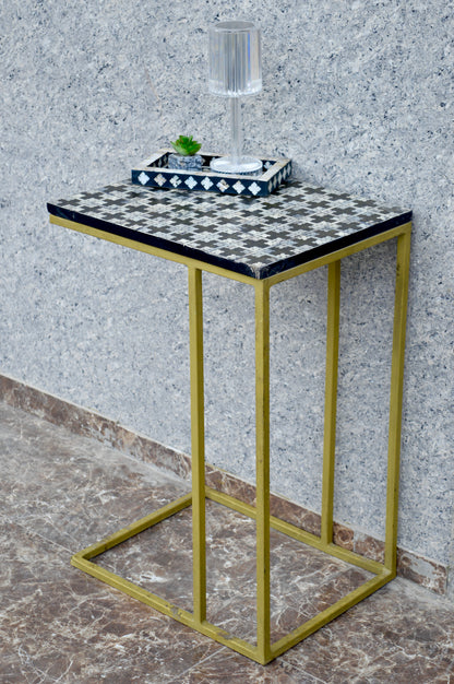 Handcrafted Brown Bone Inlay Side Table with Gold Cross Base – Elegant Accent Table for Living Room & Bedroom