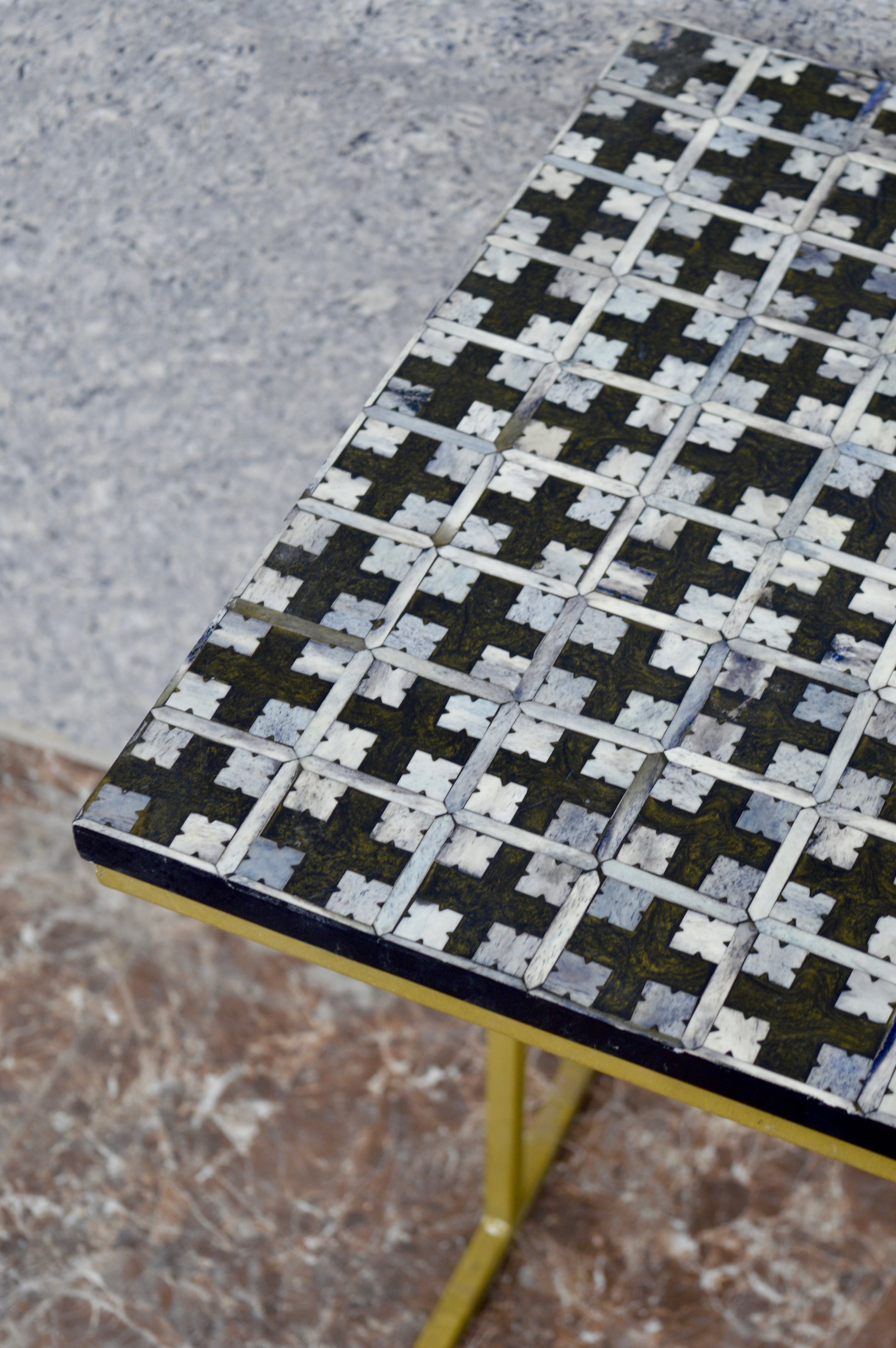 Handcrafted Brown Bone Inlay Side Table with Gold Cross Base – Elegant Accent Table for Living Room & Bedroom