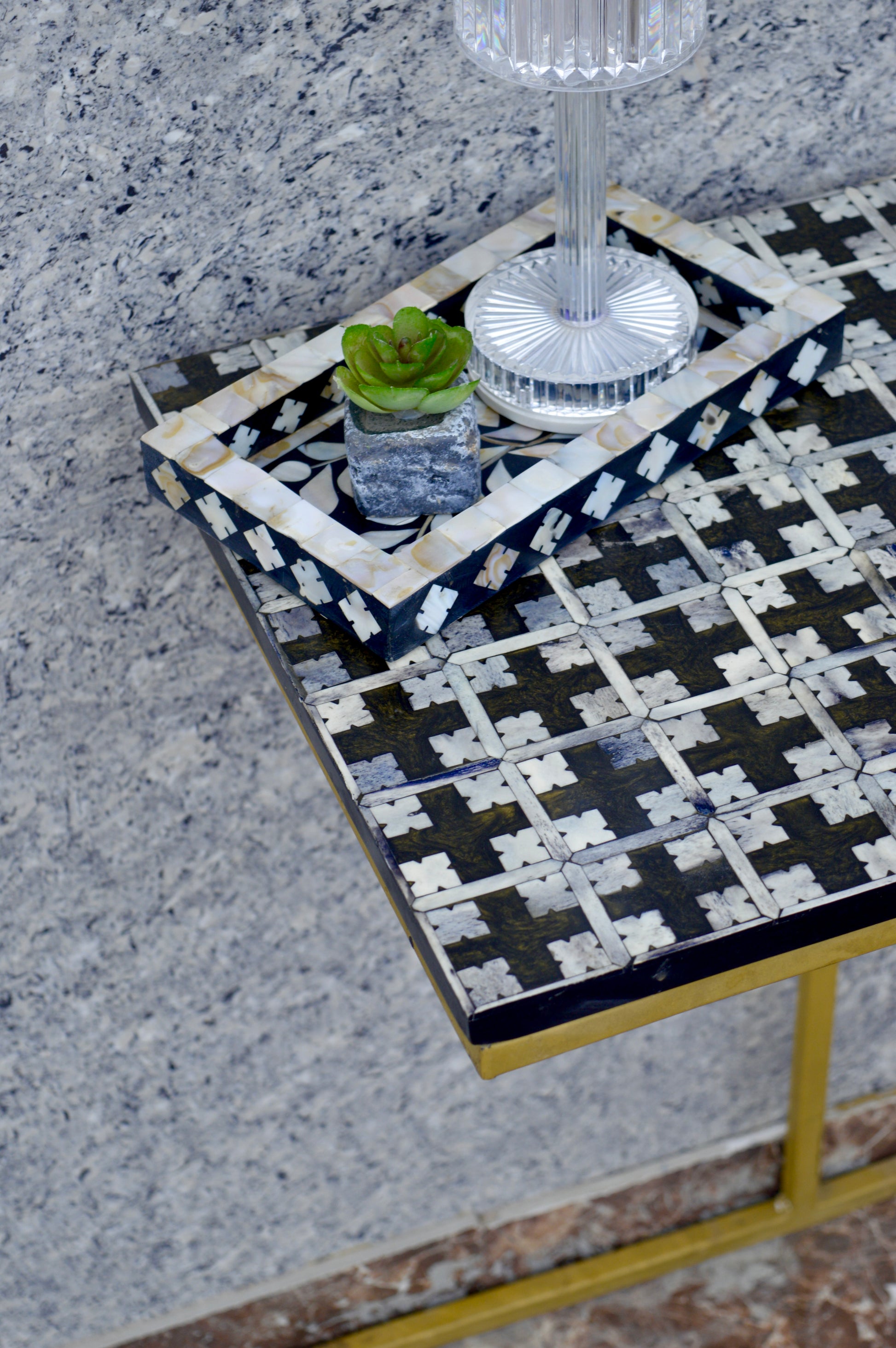 Handcrafted Brown Bone Inlay Side Table with Gold Cross Base – Elegant Accent Table for Living Room & Bedroom