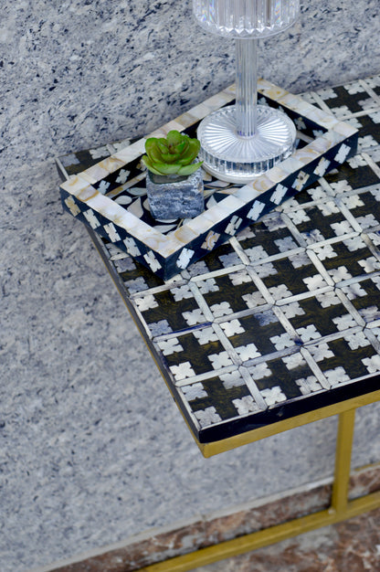 Handcrafted Brown Bone Inlay Side Table with Gold Cross Base – Elegant Accent Table for Living Room & Bedroom