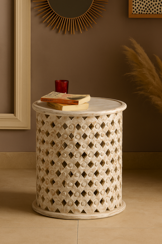 Handcrafted Carving Side Table – White Distress Finish Accent Furniture for Modern & Vintage Homes