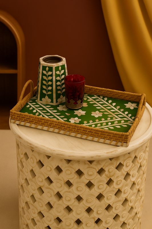 Handcrafted Green Mother of Pearl Inlay Decorative Serving Tray with Woven Frame – Designer Coffee & Tea Tray for Home & Kitchen Décor
