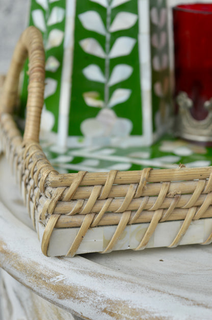 Handcrafted Green Mother of Pearl Inlay Decorative Serving Tray with Woven Frame – Designer Coffee & Tea Tray for Home & Kitchen Décor