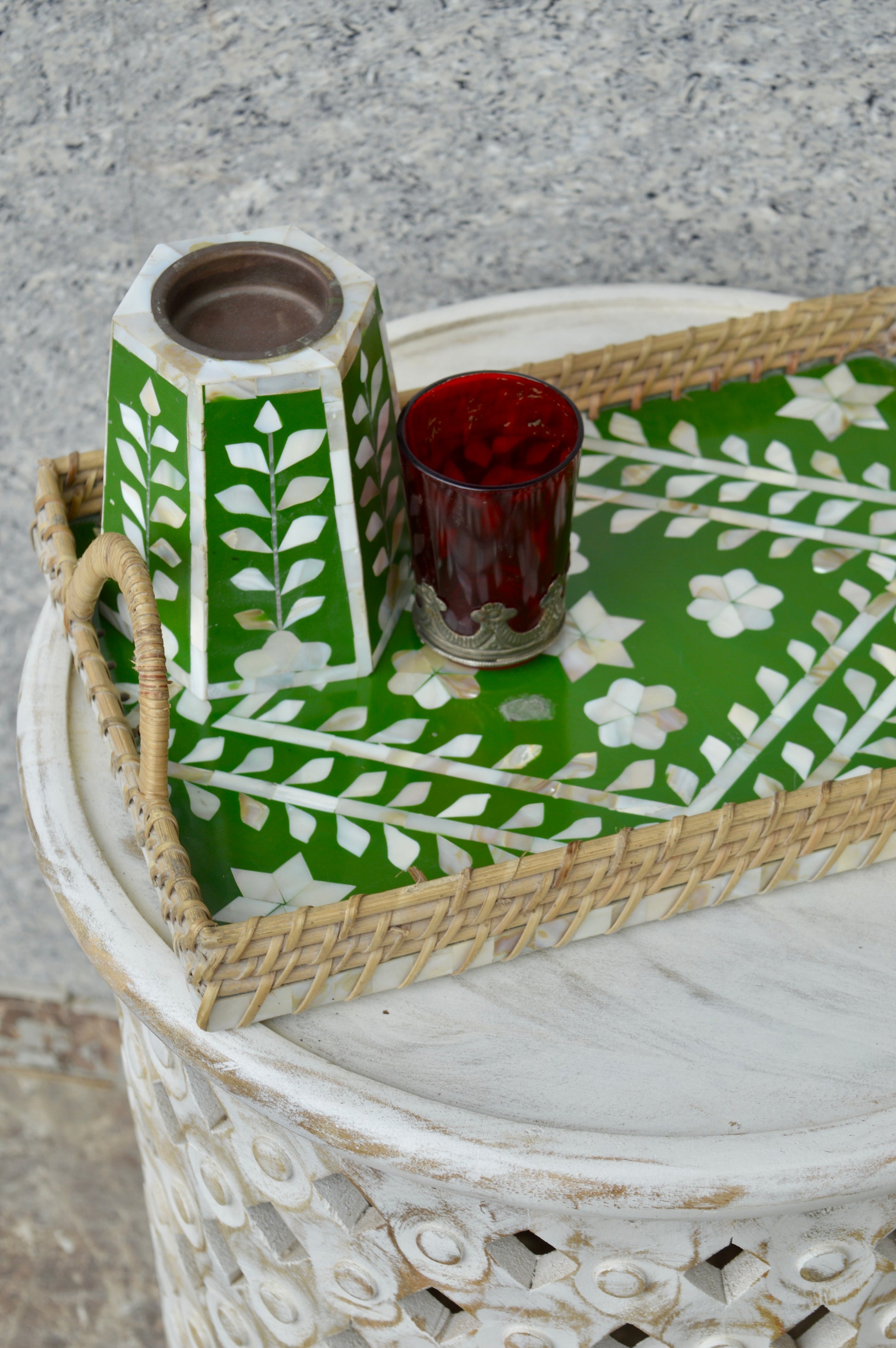 Handcrafted Green Mother of Pearl Inlay Decorative Serving Tray with Woven Frame – Designer Coffee & Tea Tray for Home & Kitchen Décor