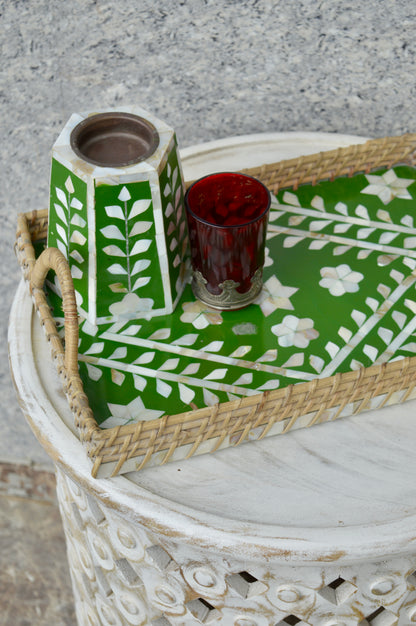 Handcrafted Green Mother of Pearl Inlay Decorative Serving Tray with Woven Frame – Designer Coffee & Tea Tray for Home & Kitchen Décor