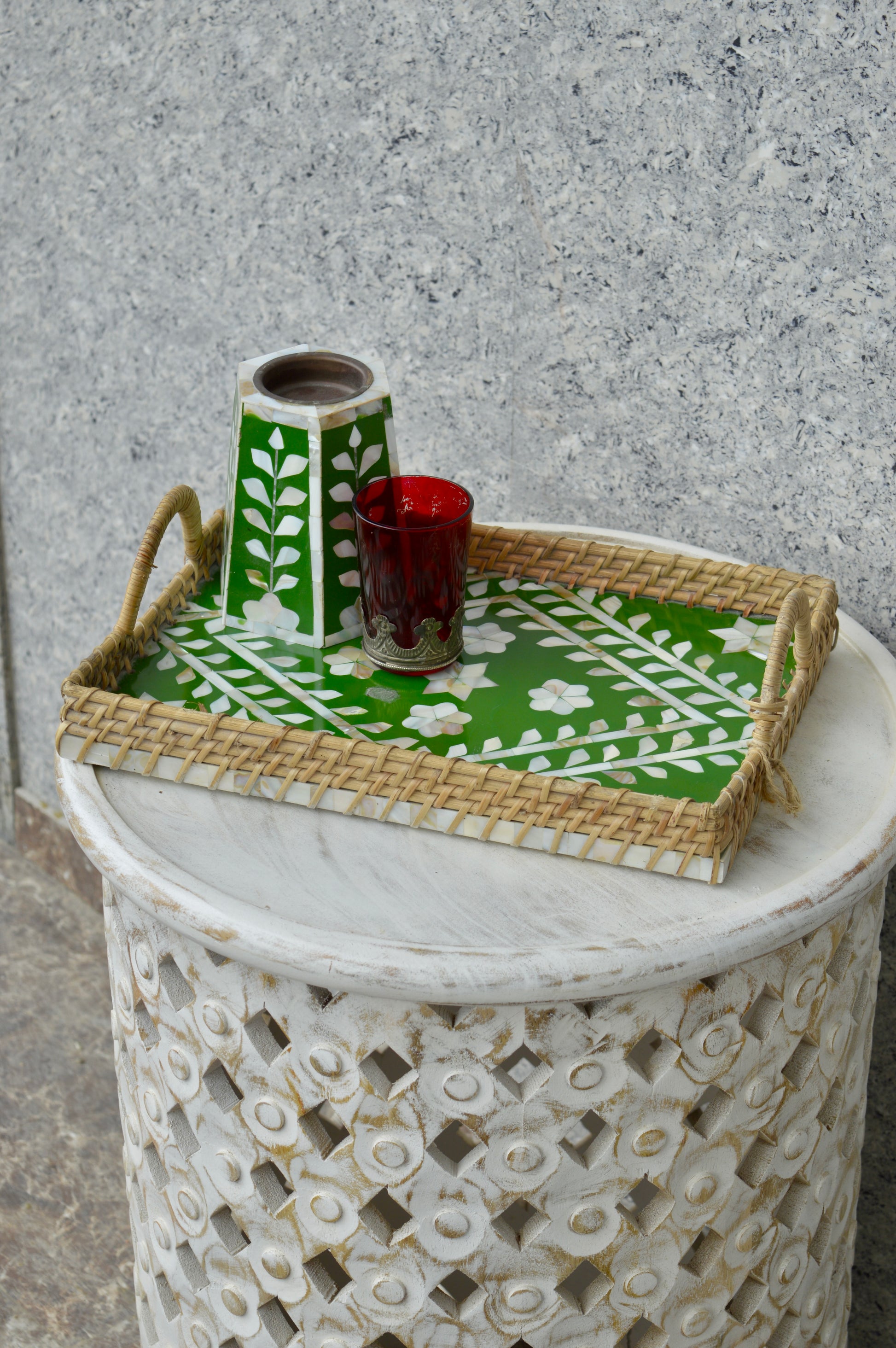 Handcrafted Green Mother of Pearl Inlay Decorative Serving Tray with Woven Frame – Designer Coffee & Tea Tray for Home & Kitchen Décor