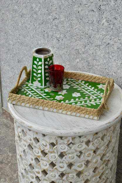 Handcrafted Green Mother of Pearl Inlay Decorative Serving Tray with Woven Frame – Designer Coffee & Tea Tray for Home & Kitchen Décor