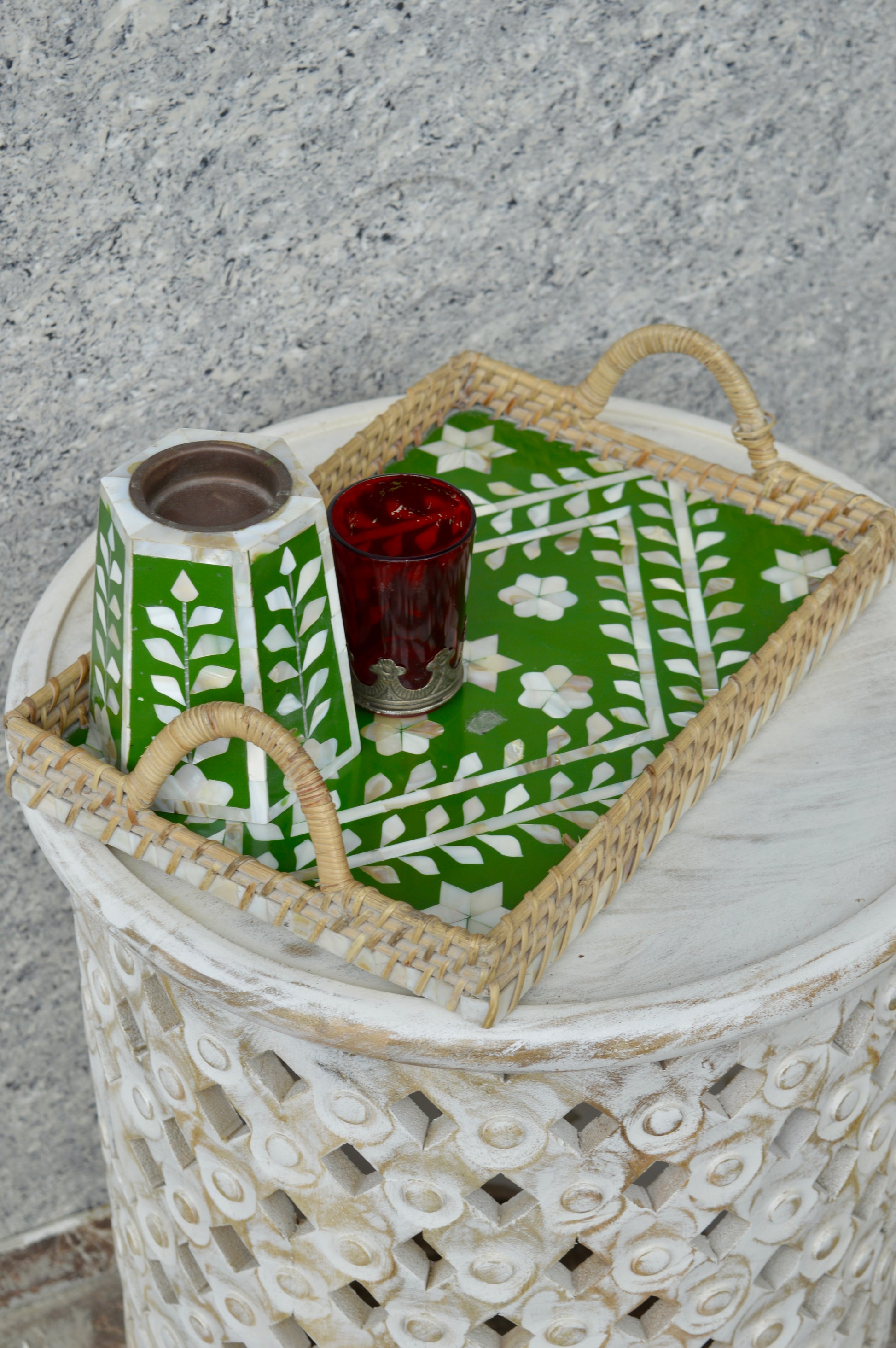 Handcrafted Green Mother of Pearl Inlay Decorative Serving Tray with Woven Frame – Designer Coffee & Tea Tray for Home & Kitchen Décor