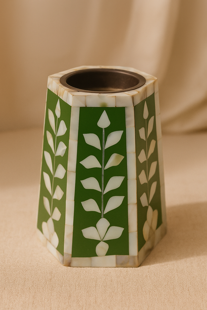 Handcrafted Green Mother of Pearl Inlay Pen Holder – Elegant Hexagonal Desk Organizer for Home & Office Décor