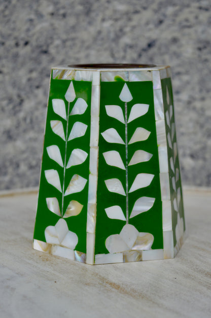 Handcrafted Green Mother of Pearl Inlay Pen Holder – Elegant Hexagonal Desk Organizer for Home & Office Décor