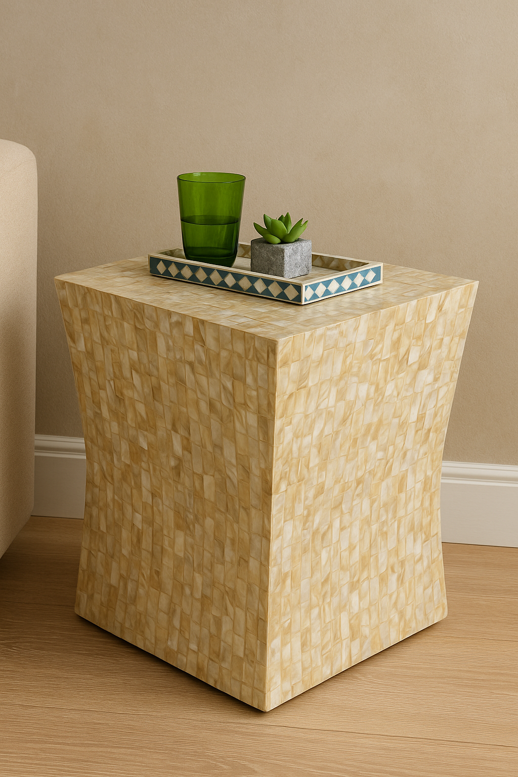 Handcrafted Mother of Pearl Inlay Side Table – Luxury Accent Furniture for Living Room & Bedroom
