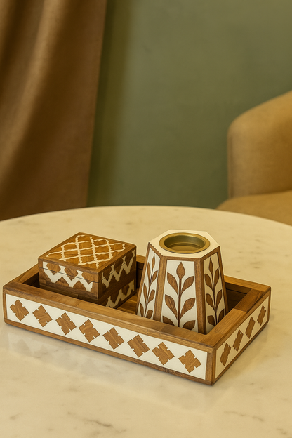 Handcrafted Resin Teak Wooden Inlay Decorative Tray Set with Candle Stand & Keepsake Box