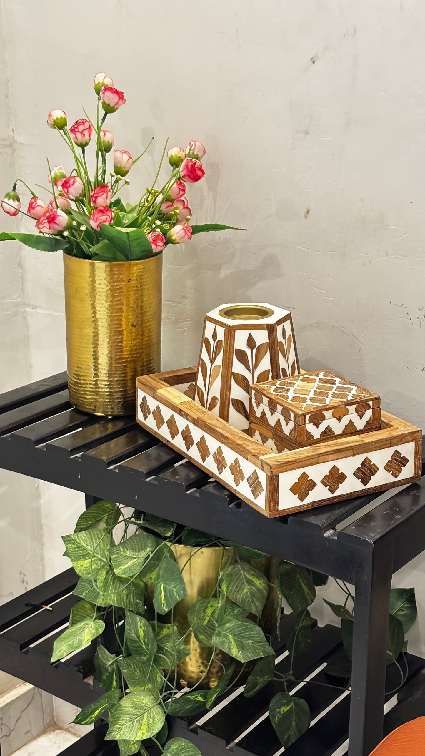 Handcrafted Resin Teak Wooden Inlay Decorative Tray Set with Candle Stand & Keepsake Box
