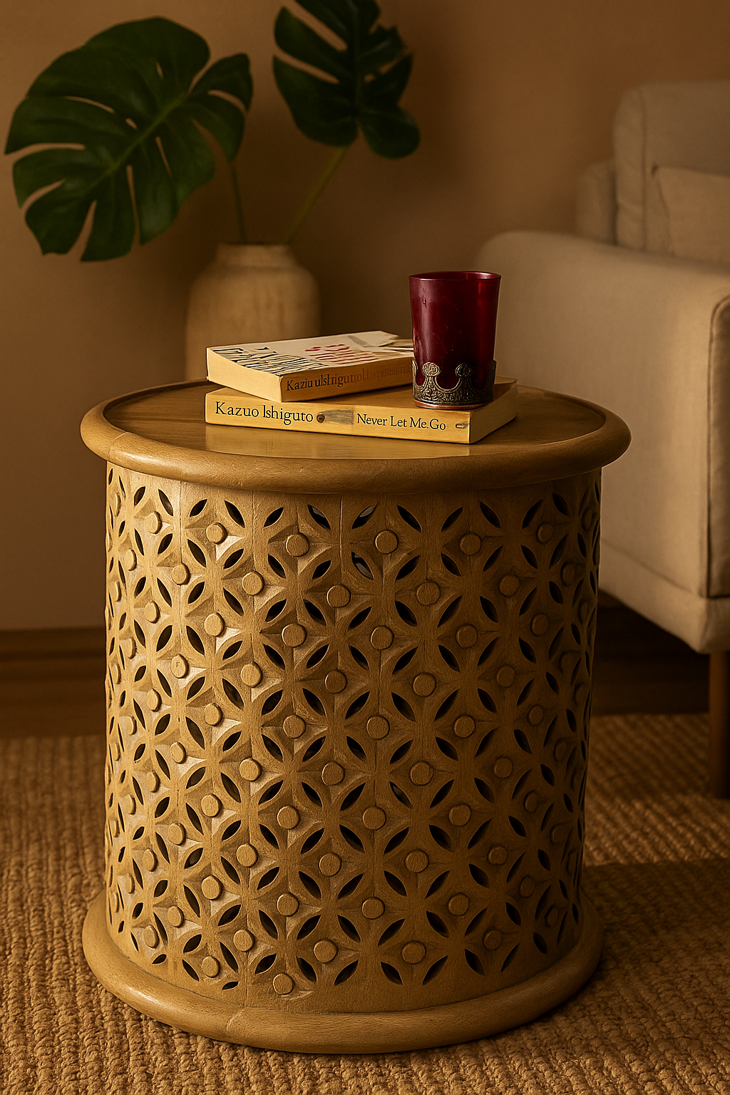 Handcrafted Round Carving Side Table – Solid Wood Accent Table for Living Room & Bedroom Décor