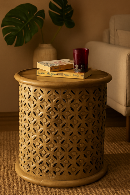 Handcrafted Round Carving Side Table – Solid Wood Accent Table for Living Room & Bedroom Décor