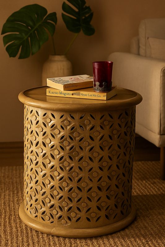 Handcrafted Round Carving Side Table – Solid Wood Accent Table for Living Room & Bedroom Décor
