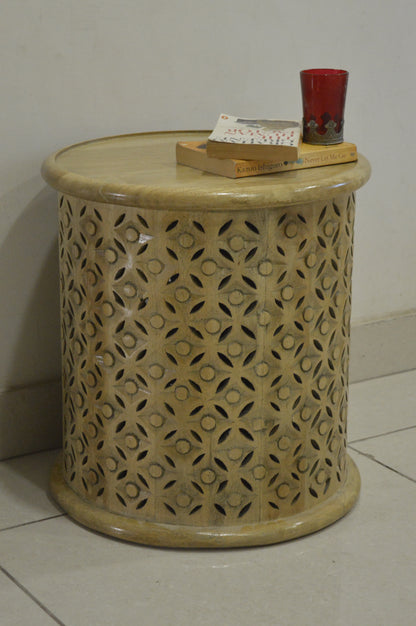 Handcrafted Round Carving Side Table – Solid Wood Accent Table for Living Room & Bedroom Décor