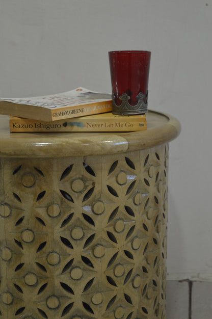 Handcrafted Round Carving Side Table – Solid Wood Accent Table for Living Room & Bedroom Décor
