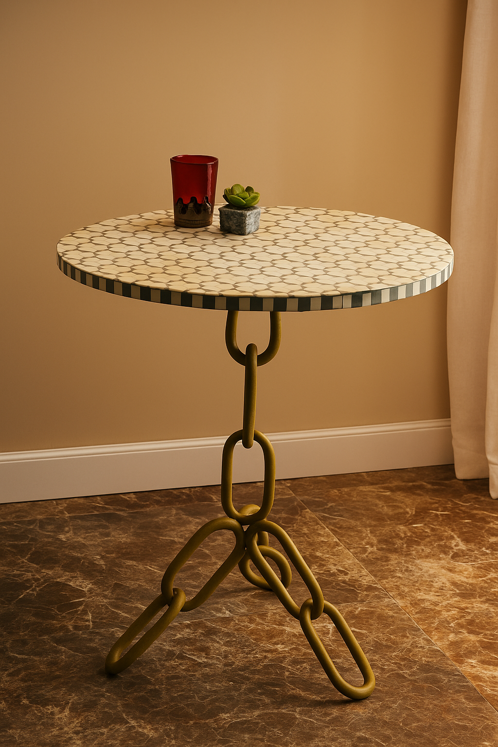 Handcrafted White Bone Inlay Round Side Table with Artistic Chain Base – Luxury Accent Table for Living Room & Bedroom