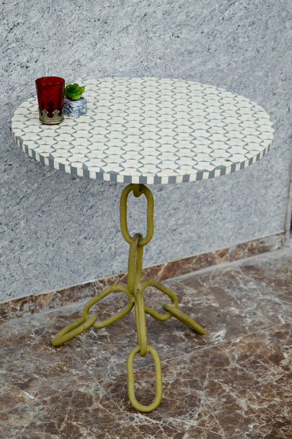 Handcrafted White Bone Inlay Round Side Table with Artistic Chain Base – Luxury Accent Table for Living Room & Bedroom