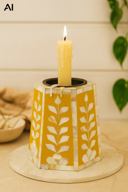 Handcrafted Yellow Mother of Pearl Candle Stand – Elegant Hexagonal Desk Organizer for Home & Office Décor