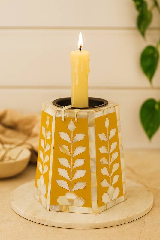 Handcrafted Yellow Mother of Pearl Candle Stand – Elegant Hexagonal Desk Organizer for Home & Office Décor