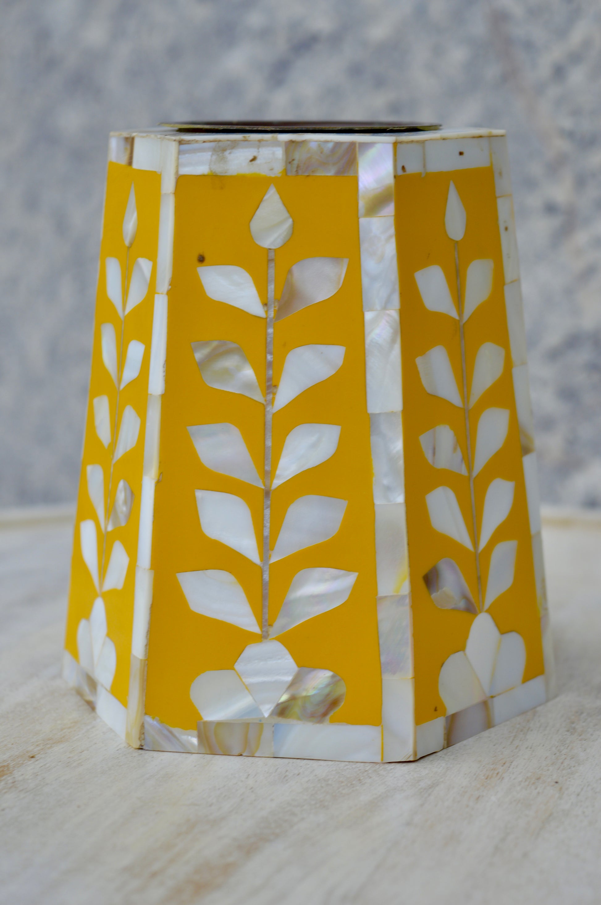 Handcrafted Yellow Mother of Pearl Candle Stand – Elegant Hexagonal Desk Organizer for Home & Office Décor