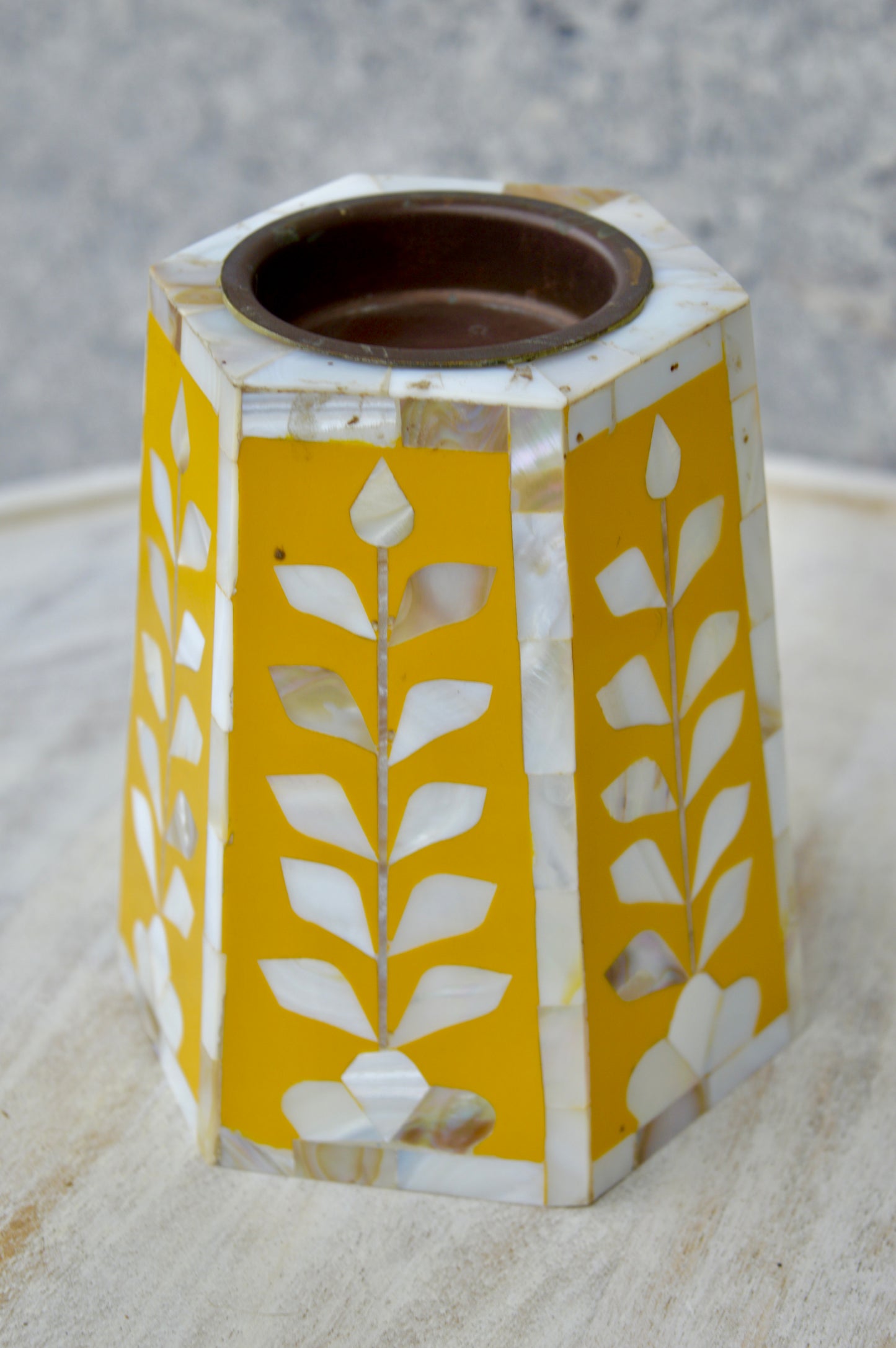 Handcrafted Yellow Mother of Pearl Candle Stand – Elegant Hexagonal Desk Organizer for Home & Office Décor