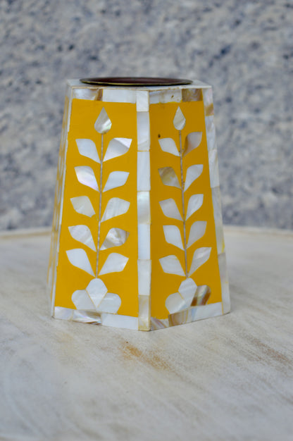 Handcrafted Yellow Mother of Pearl Candle Stand – Elegant Hexagonal Desk Organizer for Home & Office Décor