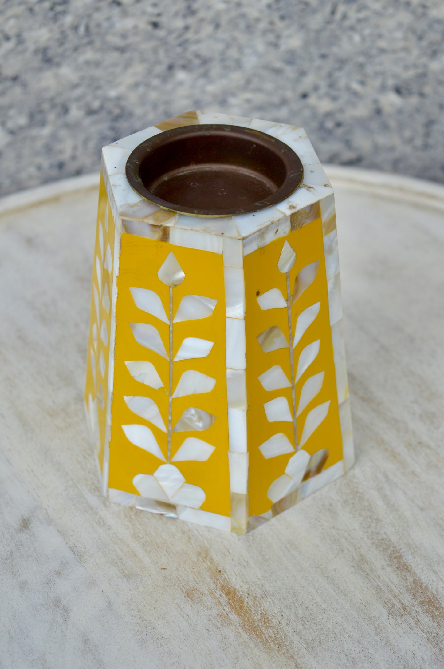 Handcrafted Yellow Mother of Pearl Candle Stand – Elegant Hexagonal Desk Organizer for Home & Office Décor