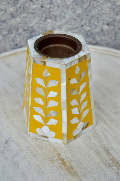 Handcrafted Yellow Mother of Pearl Candle Stand – Elegant Hexagonal Desk Organizer for Home & Office Décor