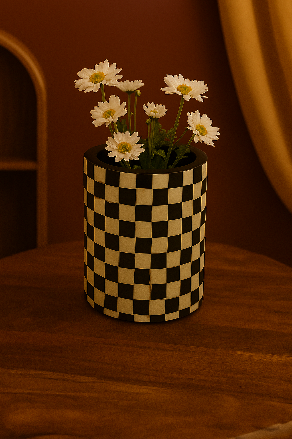 Handmade Black & White Checkered Bone Inlay Flower Vase – Luxury Decorative Pot for Modern Home Décor
