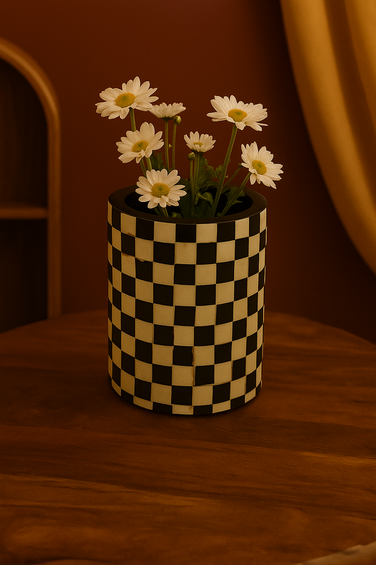 Handmade Black & White Checkered Bone Inlay Flower Vase – Luxury Decorative Pot for Modern Home Décor