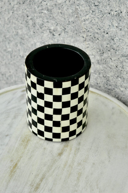 Handmade Black & White Checkered Bone Inlay Flower Vase – Luxury Decorative Pot for Modern Home Décor
