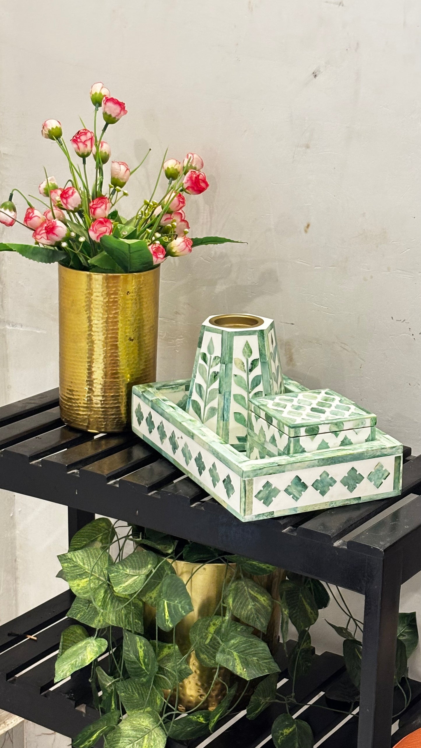 Handcrafted Green Bone Inlay Decorative Tray Set with Candle Stand & Keepsake Box