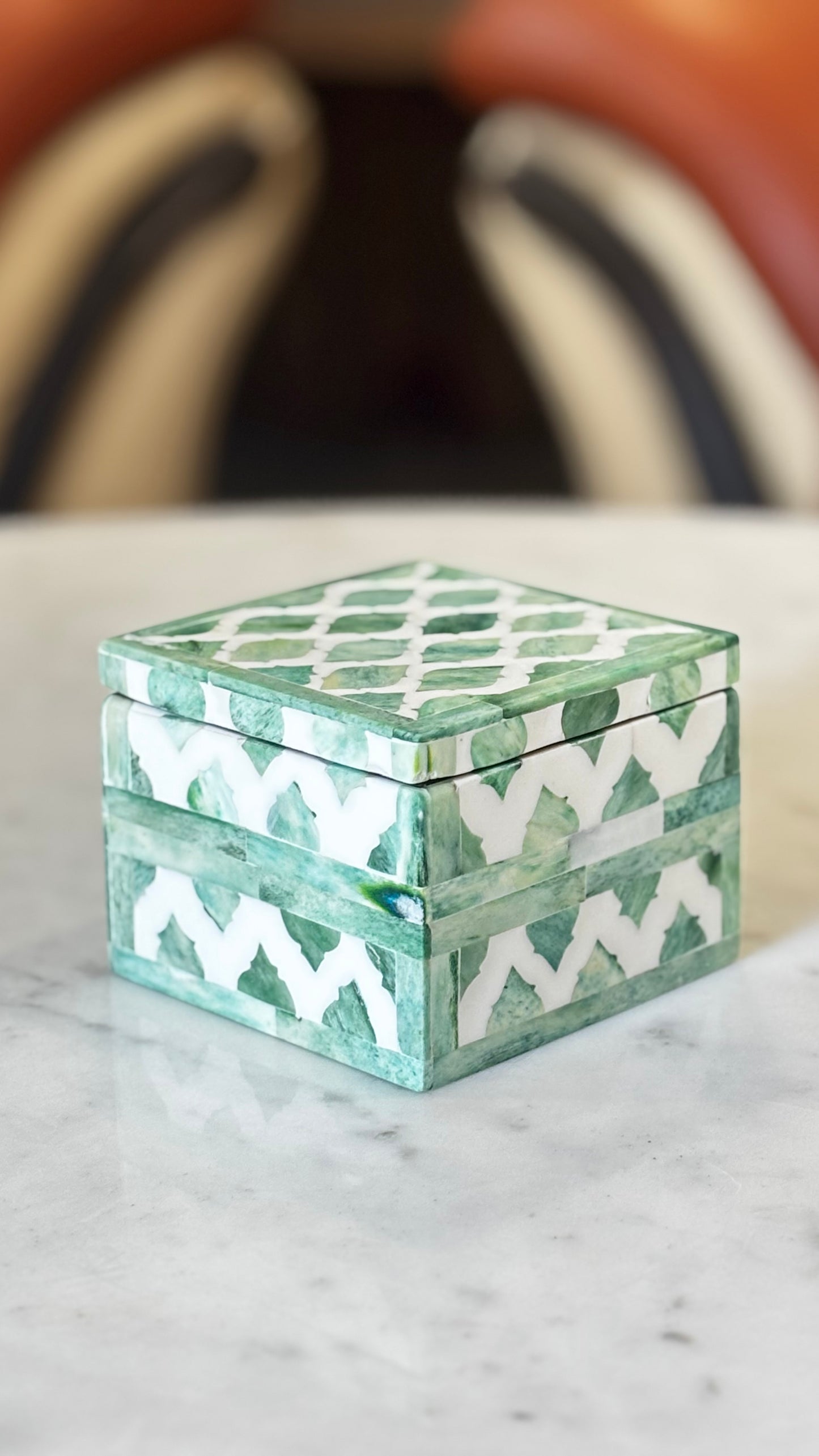 Handcrafted Green Bone Inlay Decorative Tray Set with Candle Stand & Keepsake Box