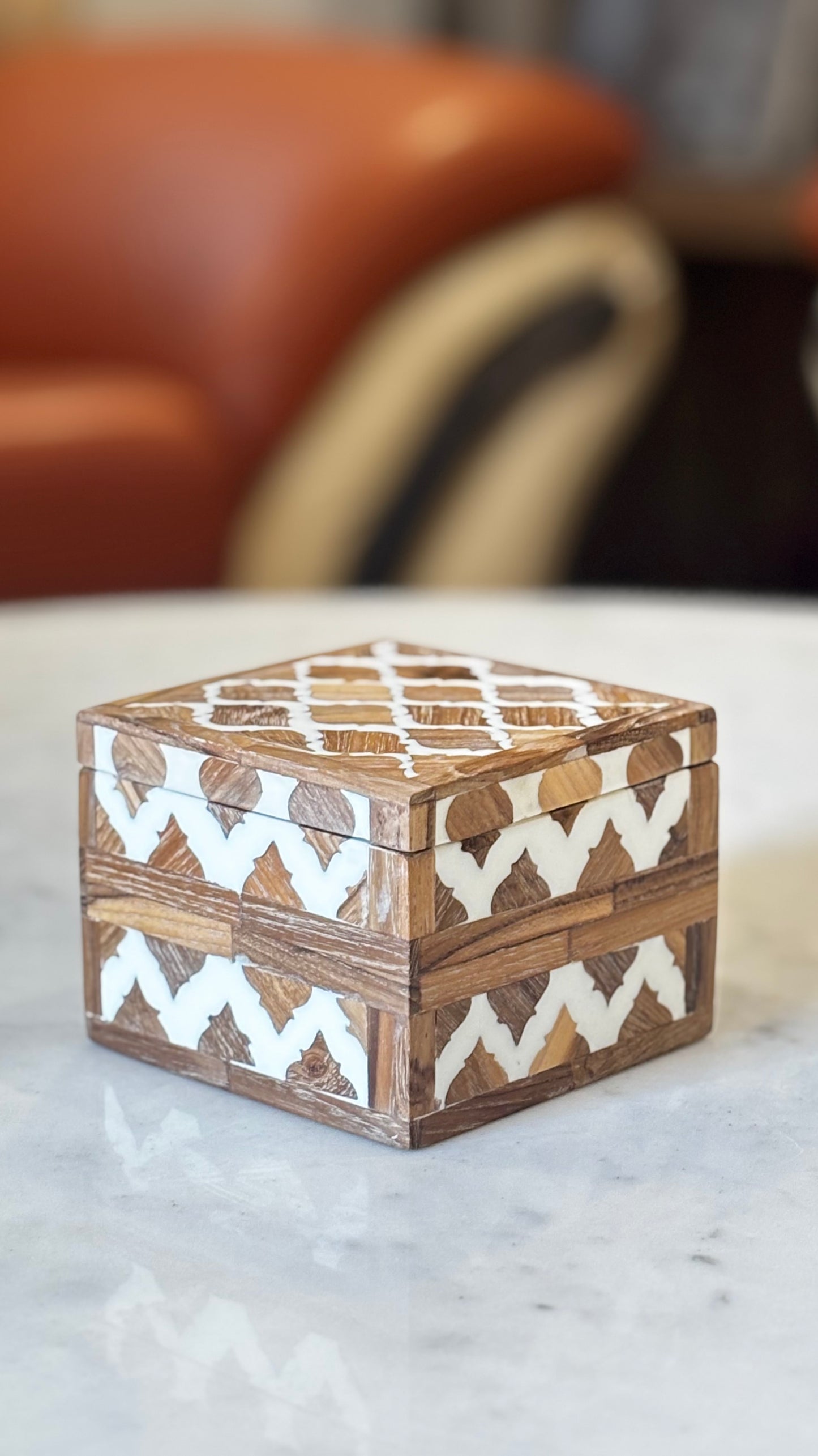 Handcrafted Resin Teak Wooden Inlay Decorative Tray Set with Candle Stand & Keepsake Box
