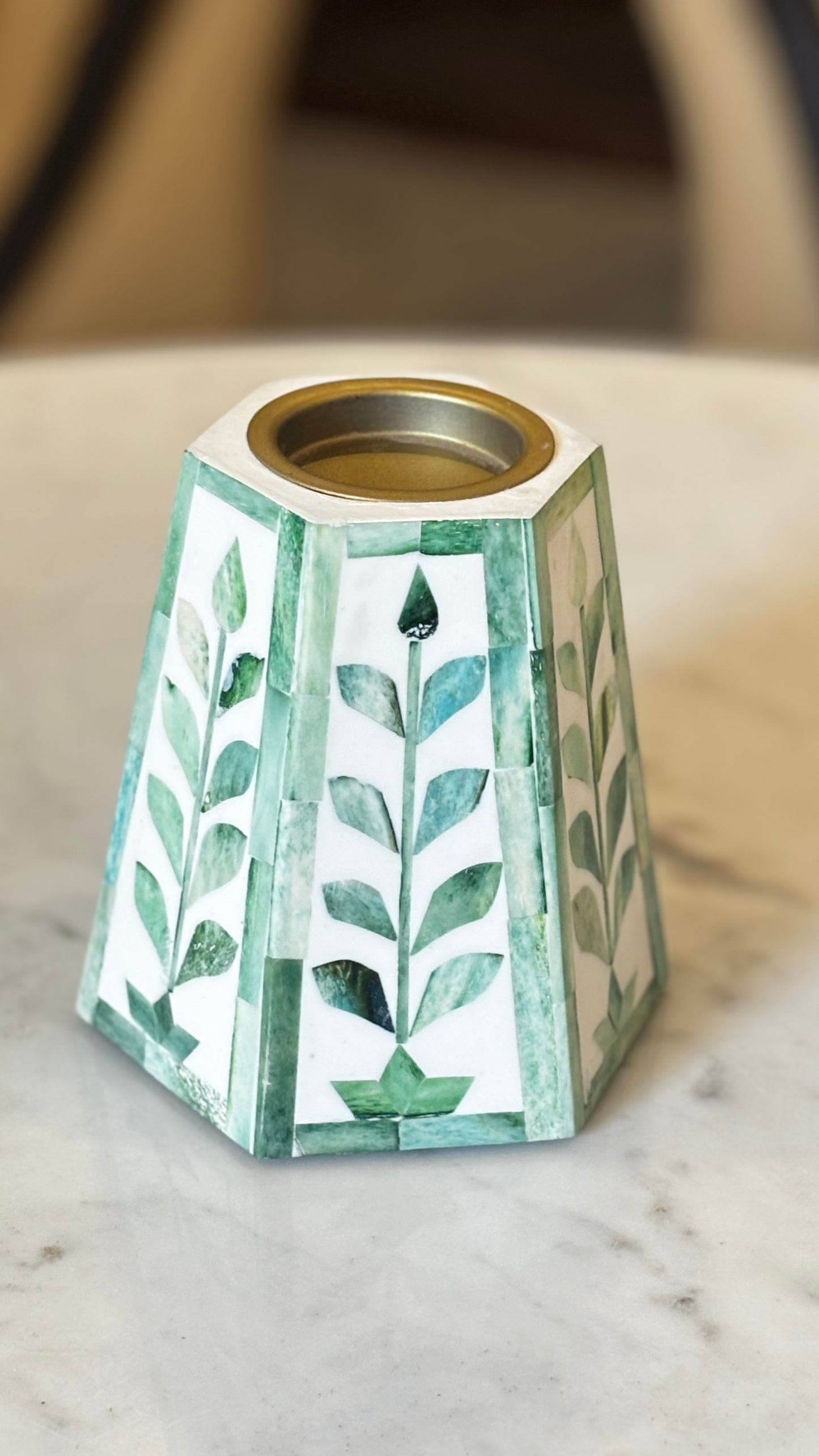 Handcrafted Green Bone Inlay Decorative Tray Set with Candle Stand & Keepsake Box