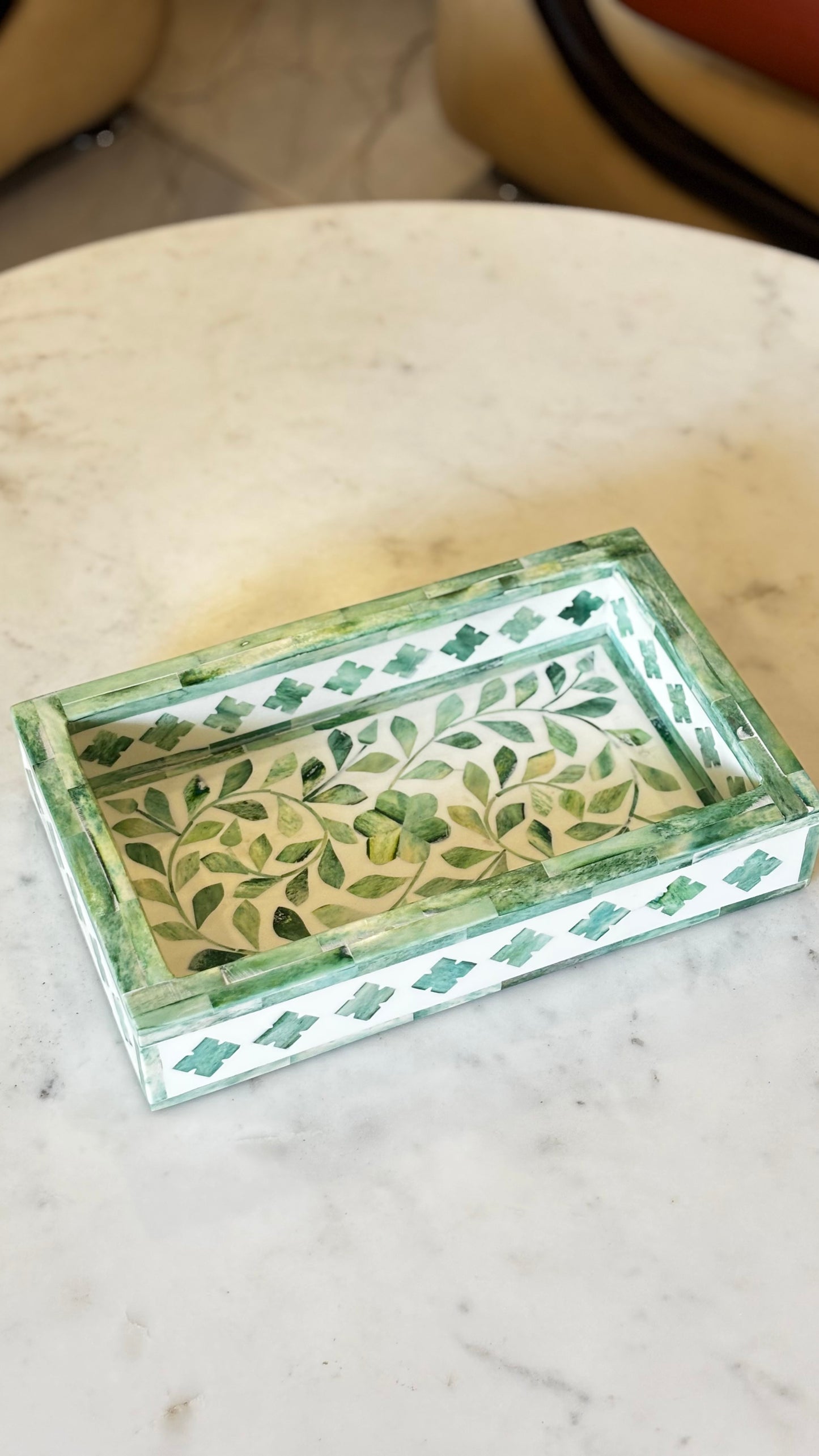 Handcrafted Green Bone Inlay Decorative Tray Set with Candle Stand & Keepsake Box
