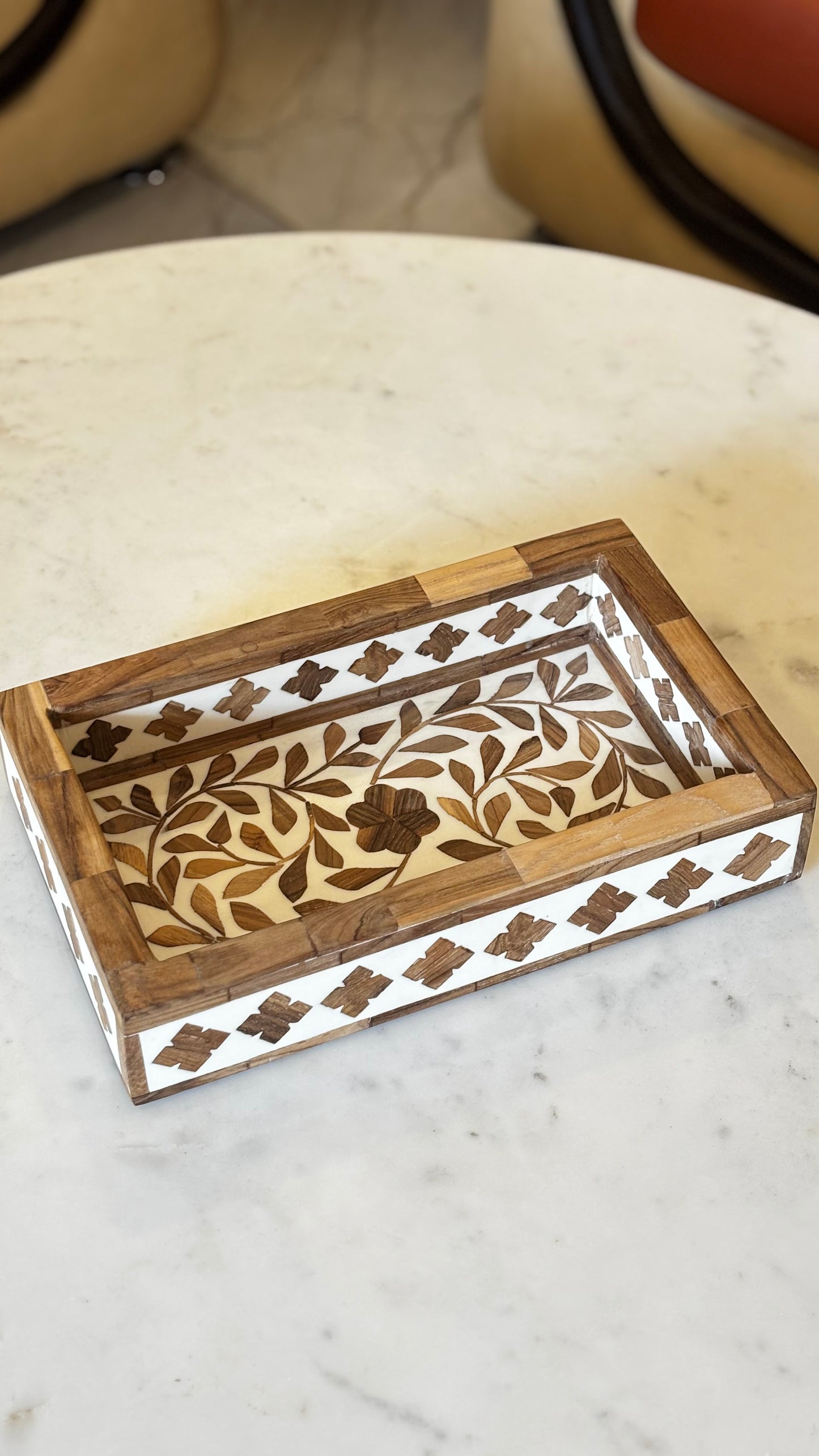 Handcrafted Resin Teak Wooden Inlay Decorative Tray Set with Candle Stand & Keepsake Box