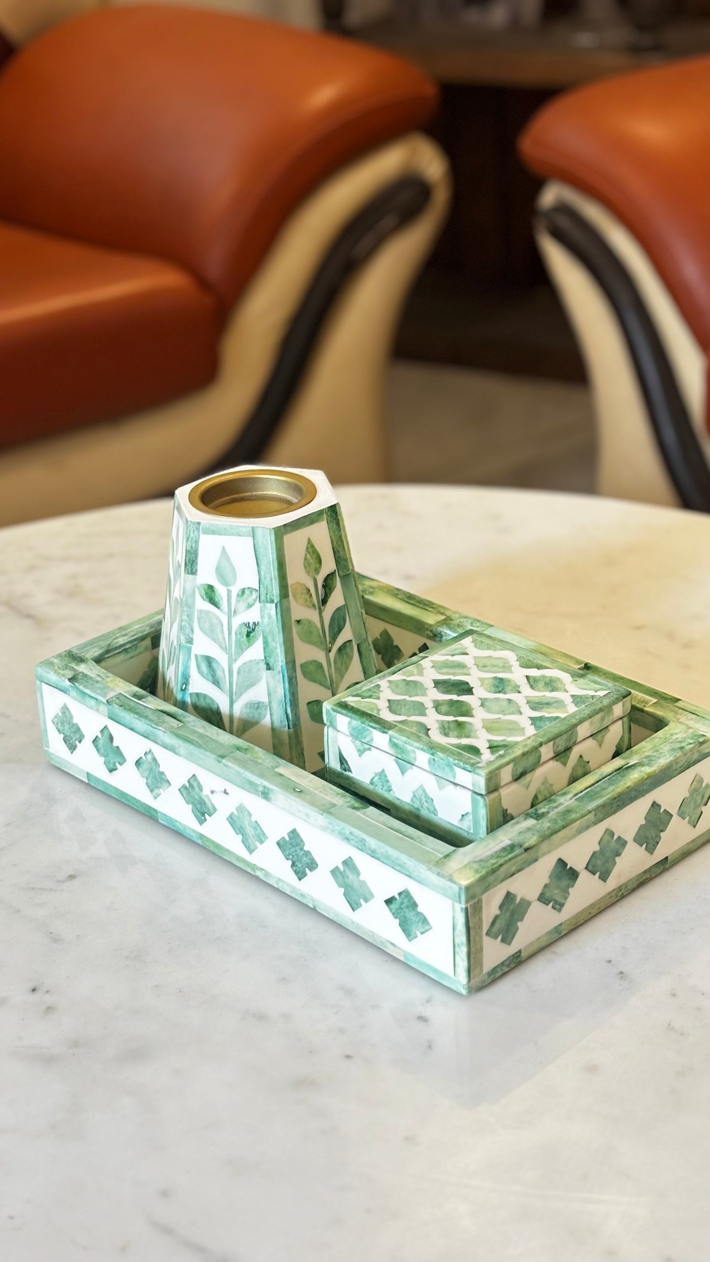 Handcrafted Green Bone Inlay Decorative Tray Set with Candle Stand & Keepsake Box