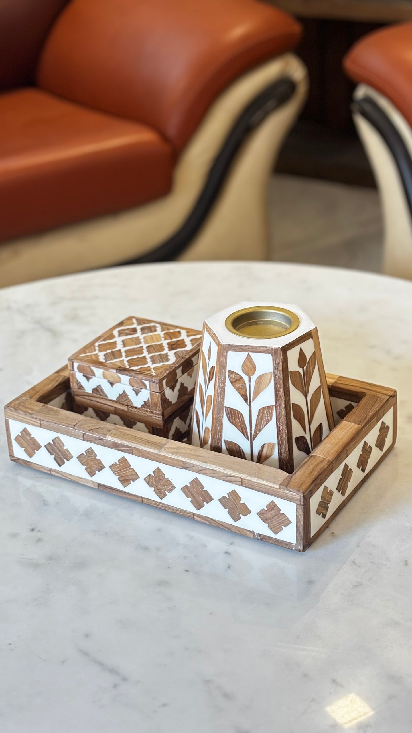 Handcrafted Resin Teak Wooden Inlay Decorative Tray Set with Candle Stand & Keepsake Box
