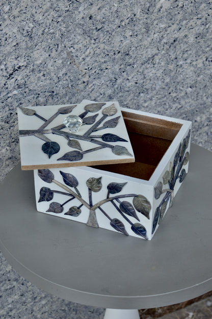 Handcrafted Leaf Inlay Cube Decorative Box with Crystal Knob – White Storage Organizer & Home Accent