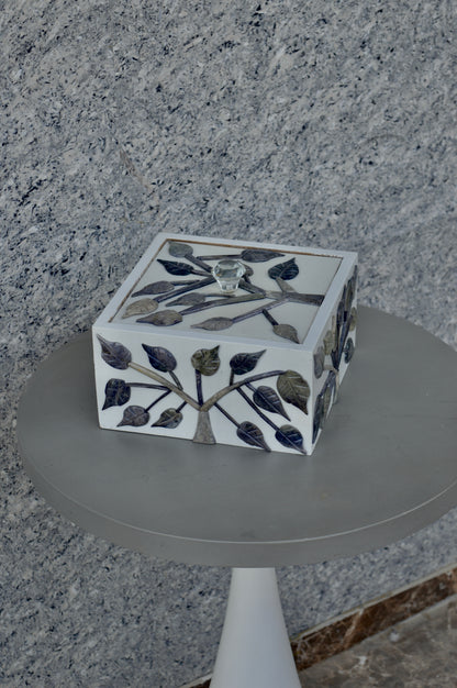 Handcrafted Leaf Inlay Cube Decorative Box with Crystal Knob – White Storage Organizer & Home Accent