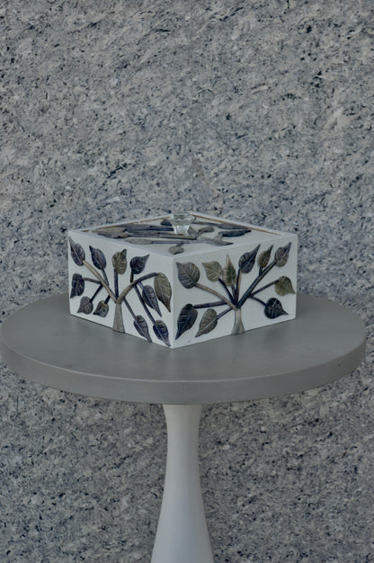 Handcrafted Leaf Inlay Cube Decorative Box with Crystal Knob – White Storage Organizer & Home Accent